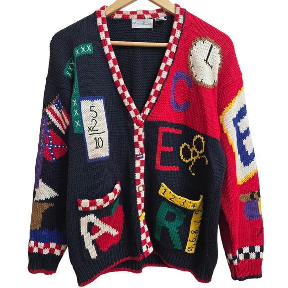 Faith Mtn. Womens Vintage 90s Novelty Cottage School Teacher Cardigan Sweater L - Picture 1 of 11